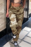 Casual Camouflage Print Patchwork Pocket Straight High Waist Straight Full Print Trousers