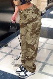 Casual Camouflage Print Patchwork Pocket Straight High Waist Straight Full Print Trousers