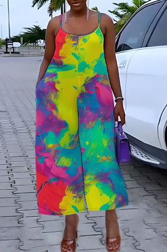 Casual Print Backless Spaghetti Strap Plus Size Jumpsuits