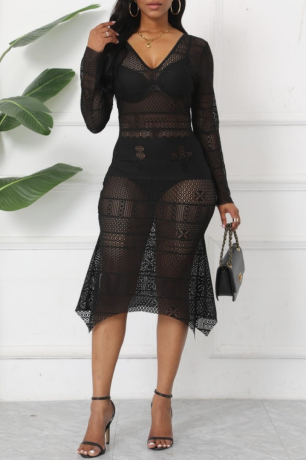 Solid Lace See-through V Neck Beach Dresses