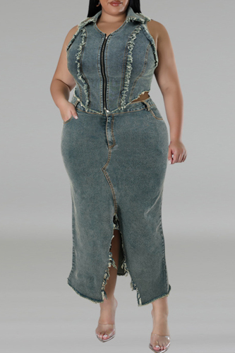 Celebrities Solid Tassel Patchwork Pocket Slit Zipper Turndown Collar Plus Size Two Pieces