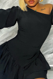 Street Solid Patchwork Oblique Collar Long Sleeve Dresses