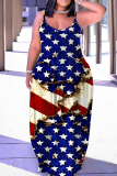 Sexy Casual Flag Stars Print Backless Spaghetti Strap Loose Long Dresses
