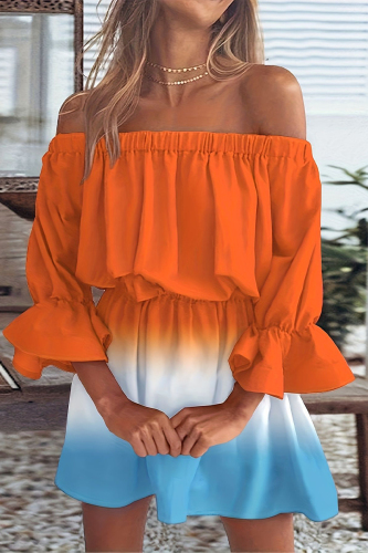 Sexy Gradient Print Flounce Contrast Off the Shoulder Waist Skirt Dresses