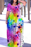 Rainbbow  Multicolor Casual Round Neck Long Maxi T-shirt Dresses Plus Size