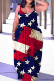 Sexy Casual Flag Stars Print Backless Spaghetti Strap Loose Long Dresses