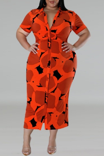 Casual Print Patchwork Buttons Turndown Collar Short Sleeve Plus Size Dresses