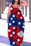 Sexy Casual Flag Stars Print Backless Floor Length Loose Straight Maxi Dress