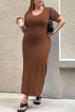 Casual Solid Slit O Neck Long Plus Size Dresses