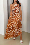 raphic Print Sleeveless One Shoulder Cutout Daily Vacation Slim Fit Pleated Maxi Dress