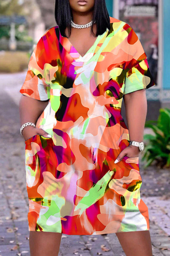 Casual Print Patchwork V Neck Short Sleeve Short Sleeve Dress
