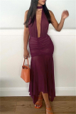 Sexy Solid Hollowed Out Backless Fold Halter Long Dresses