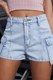 Casual Solid Patchwork Pocket High Waist Skinny Denim Shorts
