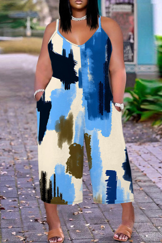 Casual Print Backless Spaghetti Strap Plus Size Jumpsuits