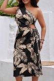 Casual Print Hollowed Out Frenulum Backless Oblique Collar Sleeveless Plus Size Dresses