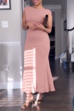 Casual Solid Backless O Neck Long Dresses