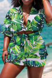 Sweet Print Bandage Patchwork V Neck Plus Size Two Pieces