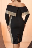 Casual Patchwork Sequins Slit Off the Shoulder Long Sleeve Plus Size Dresses
