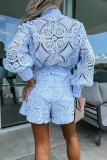 Light Blue Casual Solid Buckle Mandarin Collar Long Sleeve Two Pieces