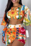 Floral Print Half Flare Sleeve Crop Top and Mini Skirt Vacation Daily Two Piece Skirt Set