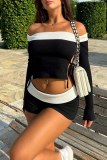 Casual Patchwork Backless Contrast Off the Shoulder Long Sleeve Two Pieces