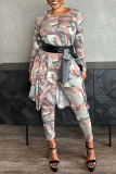 Casual Street Daily Camouflage Print With Belt Printing Contrast O Neck Long Sleeve Two Pieces