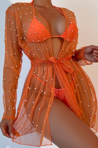 Sexy Solid Frenulum See-through Beading Swimwears Cover Up