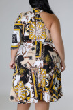 Plus Size Casual Street Daily Elegant Mixed Printing Printing Contrast One Shoulder Asymmetrical