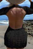 Sexy Solid Hollowed Out See-through Backless Swimwears Cover Up