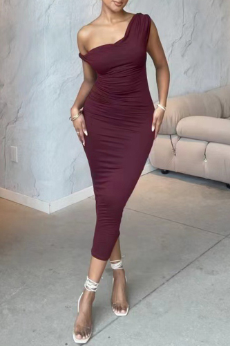 Sexy Casual Solid Basic Oblique Collar Wrapped Skirt Dresses