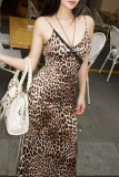 Sexy Vintage Leopard Backless V Neck One Step Skirt Dresses