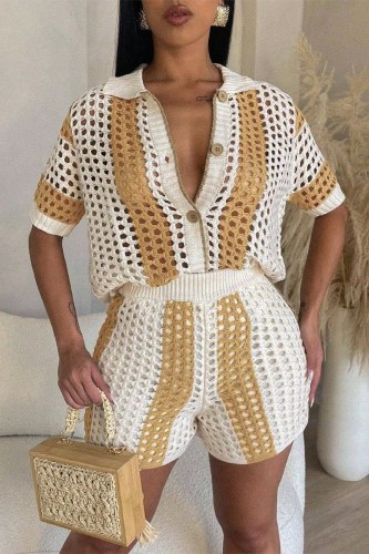 Casual Patchwork Hollowed Out See-through Contrast Turndown Collar Short Sleeve Two Pieces