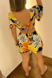 Floral Print Deep V Neck Short Sleeve Backless Cutout Vacation Beach Playsuit Romper