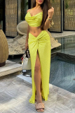 Sexy Vacation Solid Slit Fold Rhinestone Halter Sleeveless Two Pieces