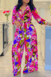 Floral Print Deep V Neck Long Sleeve Knotted Shirt and Matching Pants Vacation Daily Wide Leg Pant Set