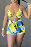 Graphic Print Sleeveless Backless Hollow Out Casual Vacation Halter Skinny Rompers