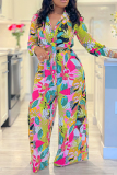 Floral Print Deep V Neck Long Sleeve Knotted Shirt and Matching Pants Vacation Daily Wide Leg Pant Set