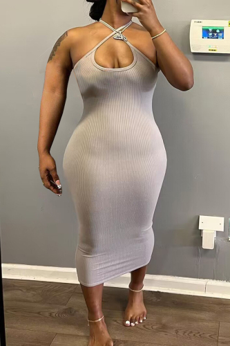 Street Solid Bandage Hollowed Out Patchwork Halter Sheath Dresses