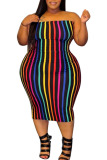 Black Casual Striped Backless Contrast Strapless Strapless Dress Plus Size Dresses