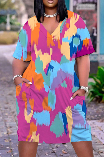 Casual Print Patchwork Basic V Neck Short Sleeve Short Sleeve Dress