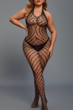 Sexy Living Solid Hollowed Out See-through Backless Halter Plus Size Sleepwear