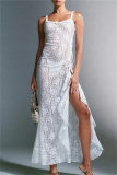 Sexy Solid See-through Backless Slit Spaghetti Strap Long Dresses