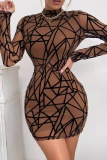 Casual Geometric Print Basic Half A Turtleneck Long Sleeve Dresses