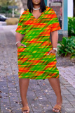 Casual Print Patchwork Basic V Neck Short Sleeve Short Sleeve Dress