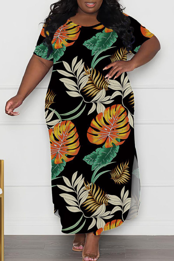 Leaf Print Short Sleeve Plus Size Casual Loose Vacation Maxi Dress