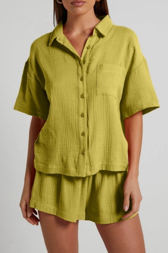 Casual Solid Buttons Shirt Collar Short Sleeve Two Pieces