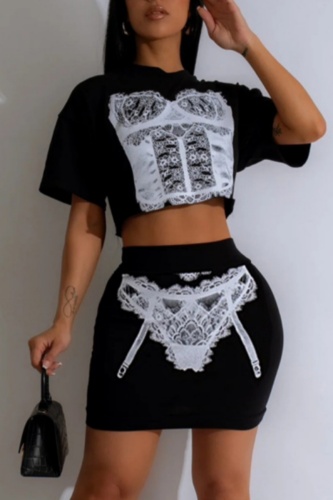 Casual Print Basic O Neck Short Sleeve Two Pieces