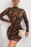 Casual Geometric Print Basic Half A Turtleneck Long Sleeve Dresses