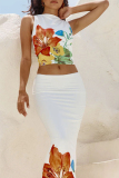 Casual Vacation Print Flowers O Neck Sleeveless Two Pieces