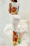 Casual Vacation Print Flowers O Neck Sleeveless Two Pieces